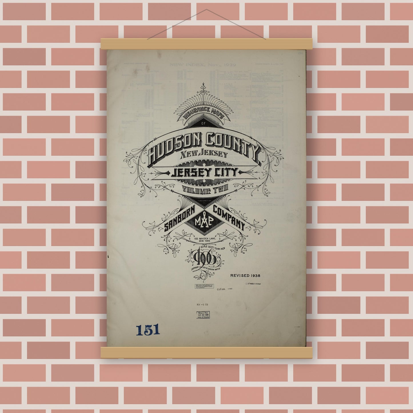 Old map wall art mockup — magnetic wood frame on brick wall — Sanborn Fire Insurance Map from Hudson Co., Hudson County, New Jersey (1938) - Complete Map Set