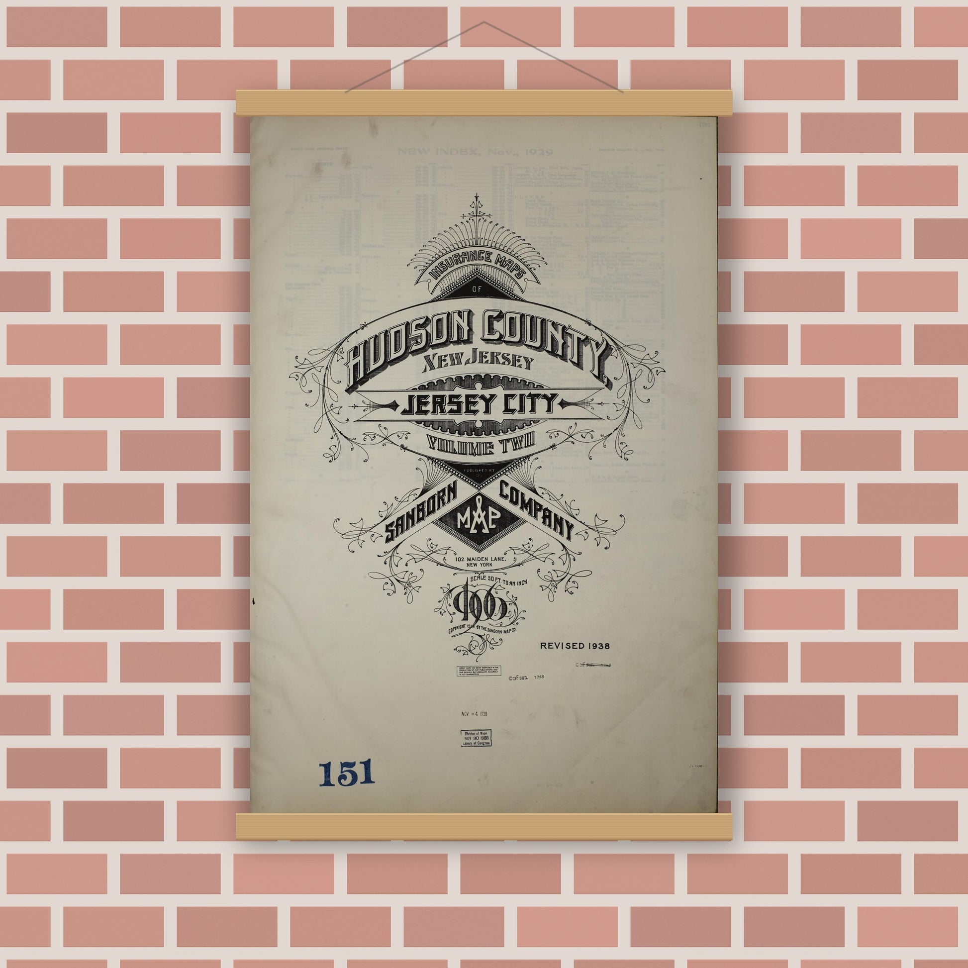 Old map wall art mockup — magnetic wood frame on brick wall — Sanborn Fire Insurance Map from Hudson Co., Hudson County, New Jersey (1938) - Complete Map Set