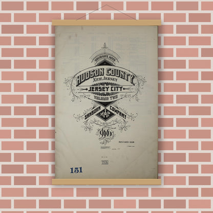 Old map wall art mockup — magnetic wood frame on brick wall — Sanborn Fire Insurance Map from Hudson Co., Hudson County, New Jersey (1938) - Complete Map Set