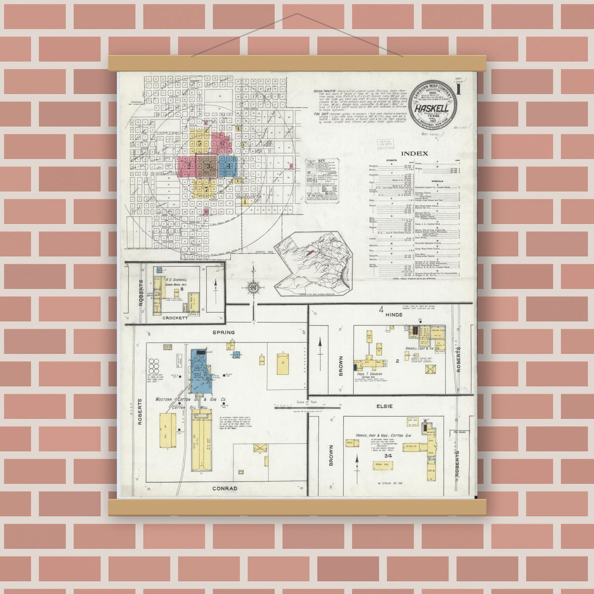 Old map wall art mockup — magnetic wood frame on brick wall — Sanborn Fire Insurance Map from Haskell, Haskell County, Texas (1921) - Complete Map Set