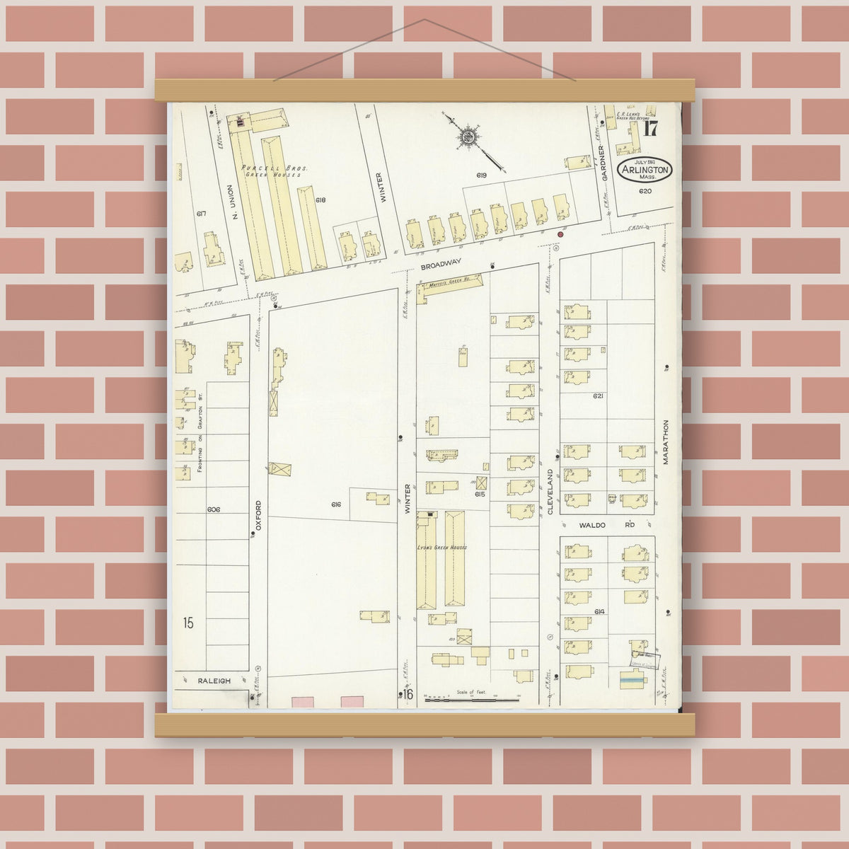 Old map wall art mockup — magnetic wood frame on brick wall — Sanborn Fire Insurance Map from Arlington, Middlesex County, Massachusetts (1914), Sheet #0017