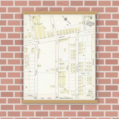 Old map wall art mockup — magnetic wood frame on brick wall — Sanborn Fire Insurance Map from Arlington, Middlesex County, Massachusetts (1914), Sheet #0017
