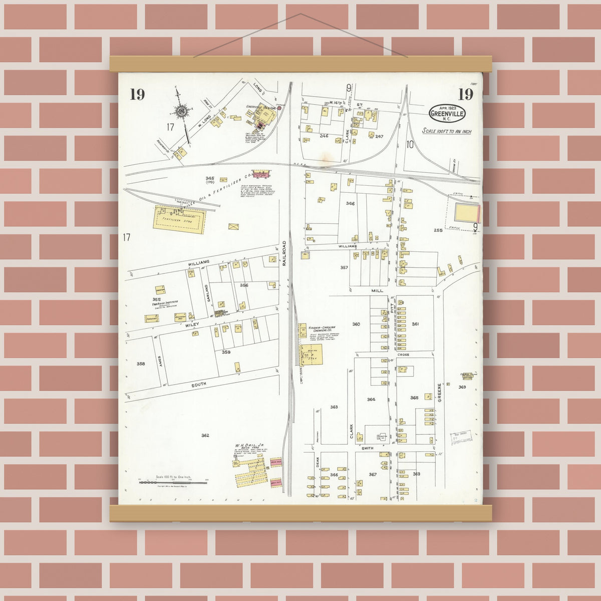 Old map wall art mockup — magnetic wood frame on brick wall — Sanborn Fire Insurance Map from Greenville, Pitt County, North Carolina (1923), Sheet #0019