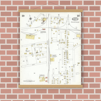 Old map wall art mockup — magnetic wood frame on brick wall — Sanborn Fire Insurance Map from Greenville, Pitt County, North Carolina (1923), Sheet #0019