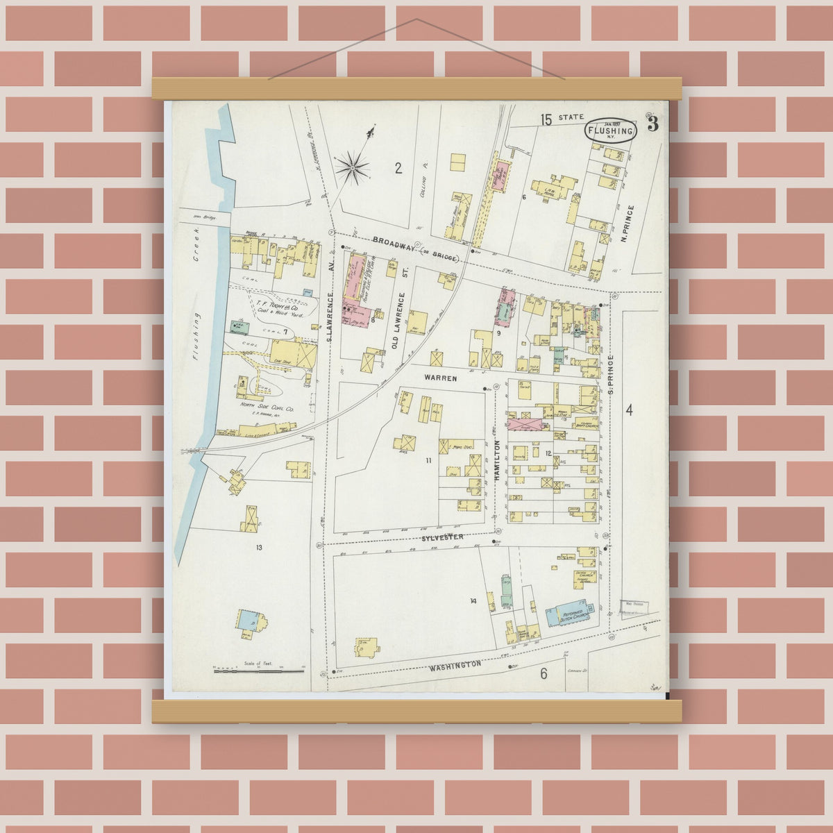 Old map wall art mockup — magnetic wood frame on brick wall — Sanborn Fire Insurance Map from Flushing, Queens County, New York (1897), Sheet #0003