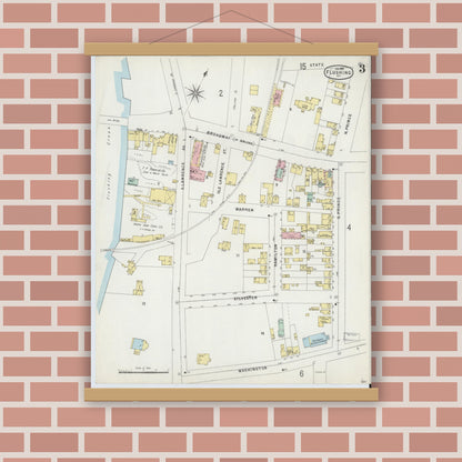 Old map wall art mockup — magnetic wood frame on brick wall — Sanborn Fire Insurance Map from Flushing, Queens County, New York (1897), Sheet #0003