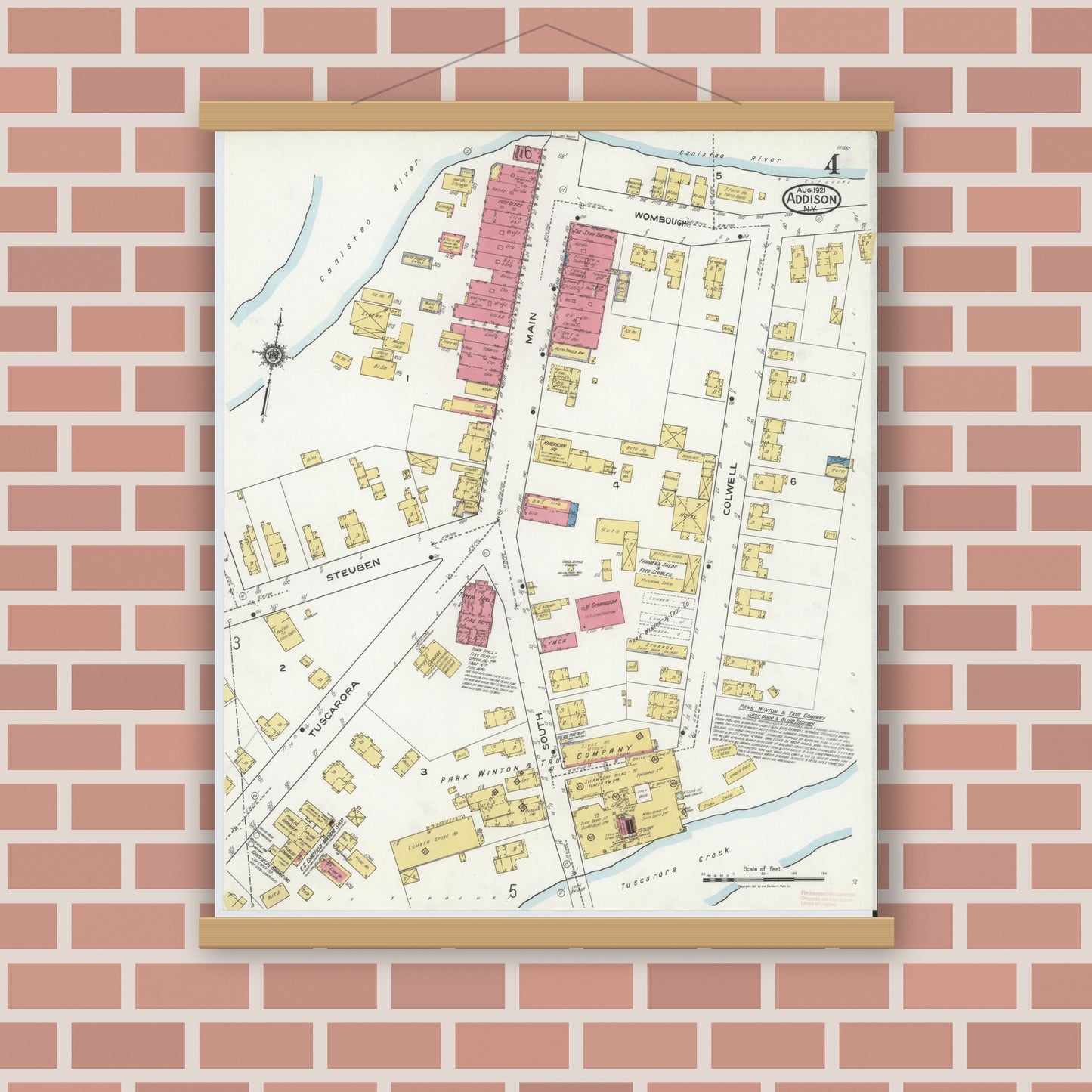 Old map wall art mockup — magnetic wood frame on brick wall — Sanborn Fire Insurance Map from Addison, Steuben County, New York (1921), Sheet #0004