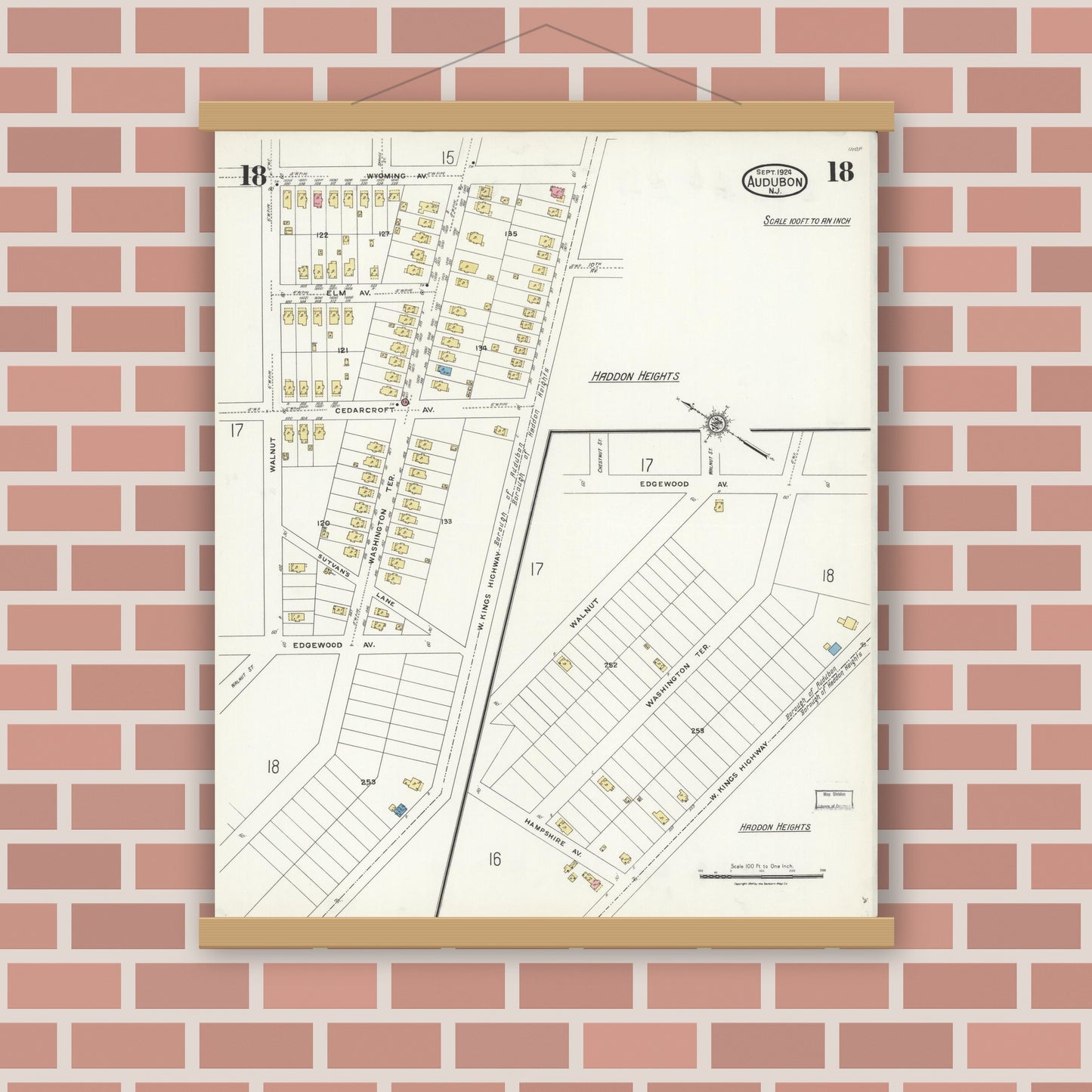 Old map wall art mockup — magnetic wood frame on brick wall — Sanborn Fire Insurance Map from Audubon, Camden County, New Jersey (1924), Sheet #0018