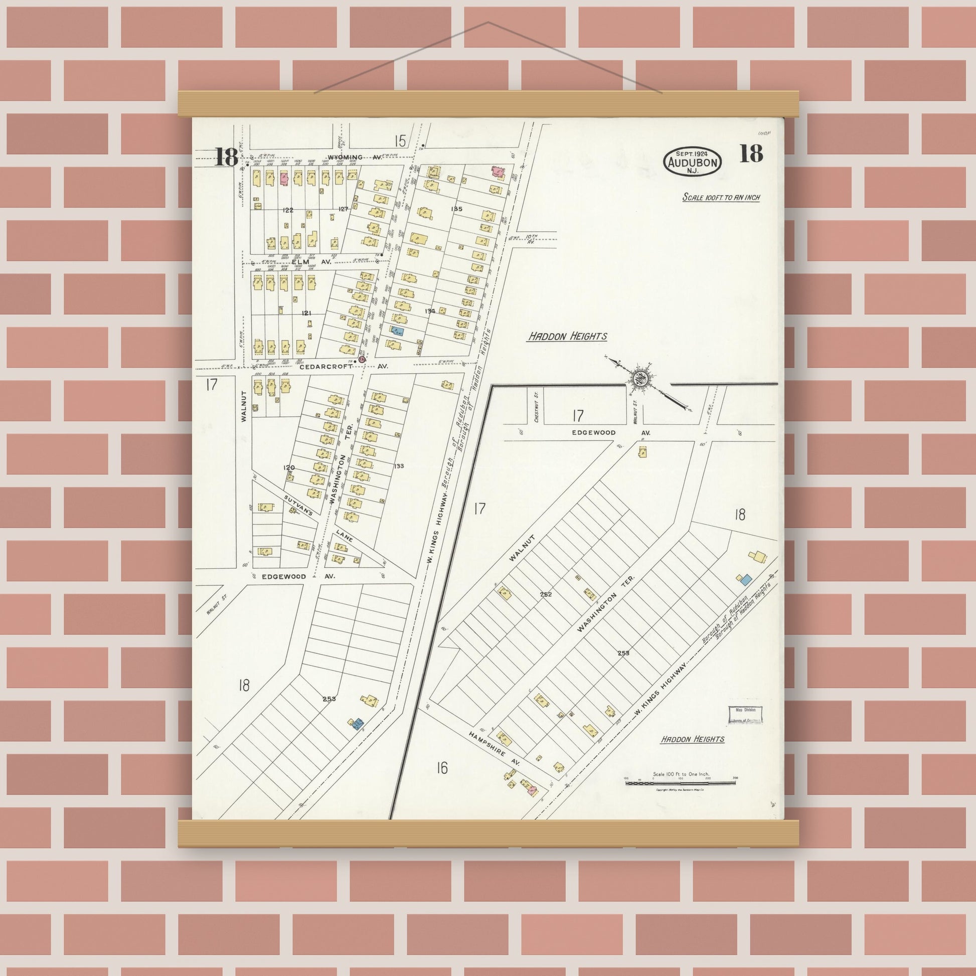Old map wall art mockup — magnetic wood frame on brick wall — Sanborn Fire Insurance Map from Audubon, Camden County, New Jersey (1924), Sheet #0018