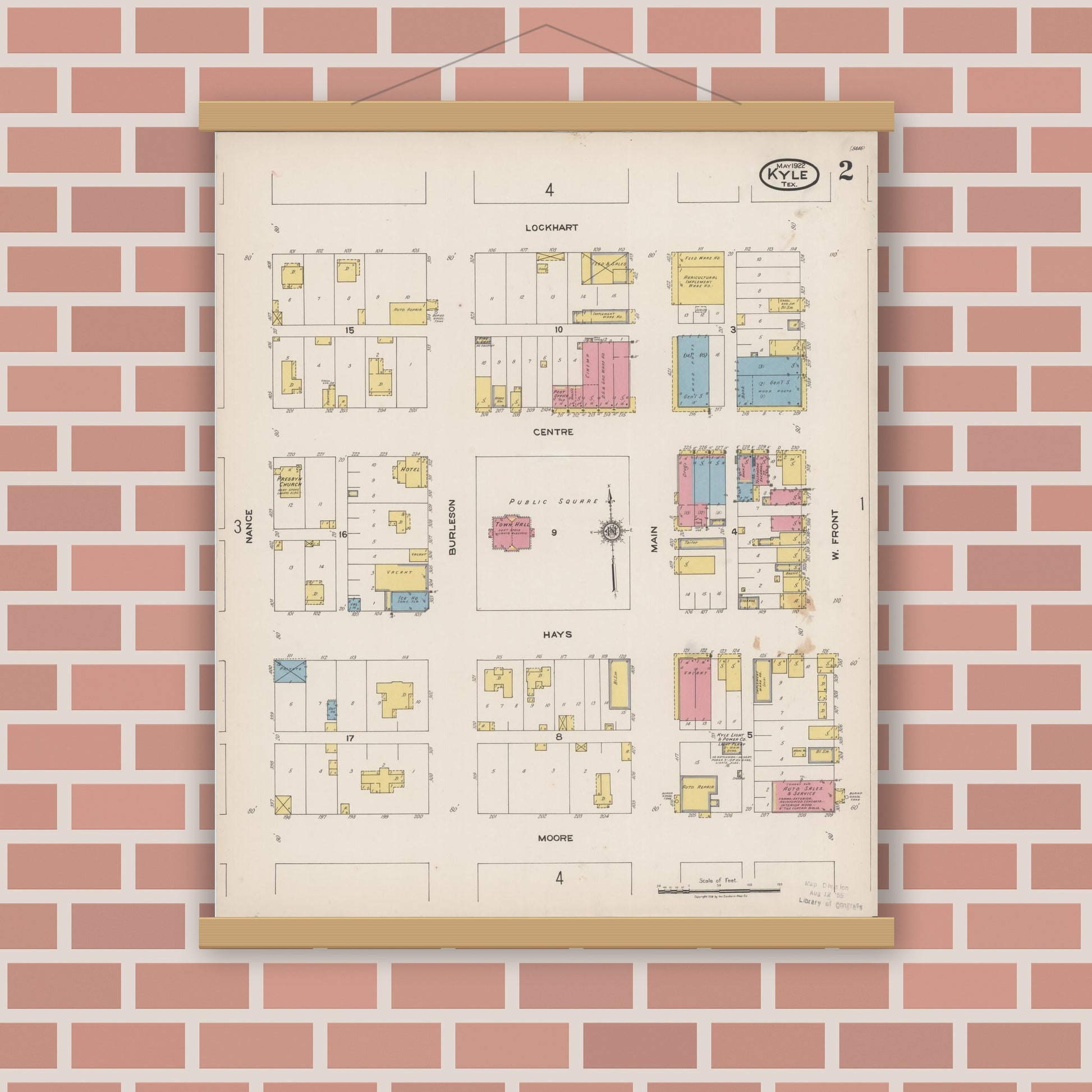 Old map wall art mockup — magnetic wood frame on brick wall — Sanborn Fire Insurance Map from Kyle, Hays County, Texas (1922), Sheet #0002
