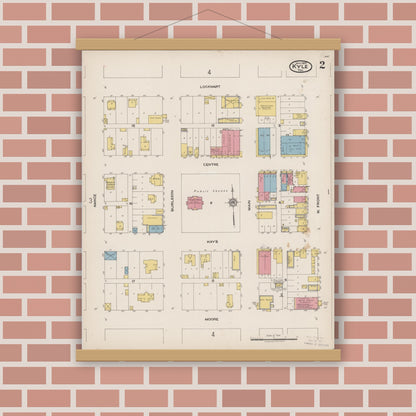 Old map wall art mockup — magnetic wood frame on brick wall — Sanborn Fire Insurance Map from Kyle, Hays County, Texas (1922), Sheet #0002