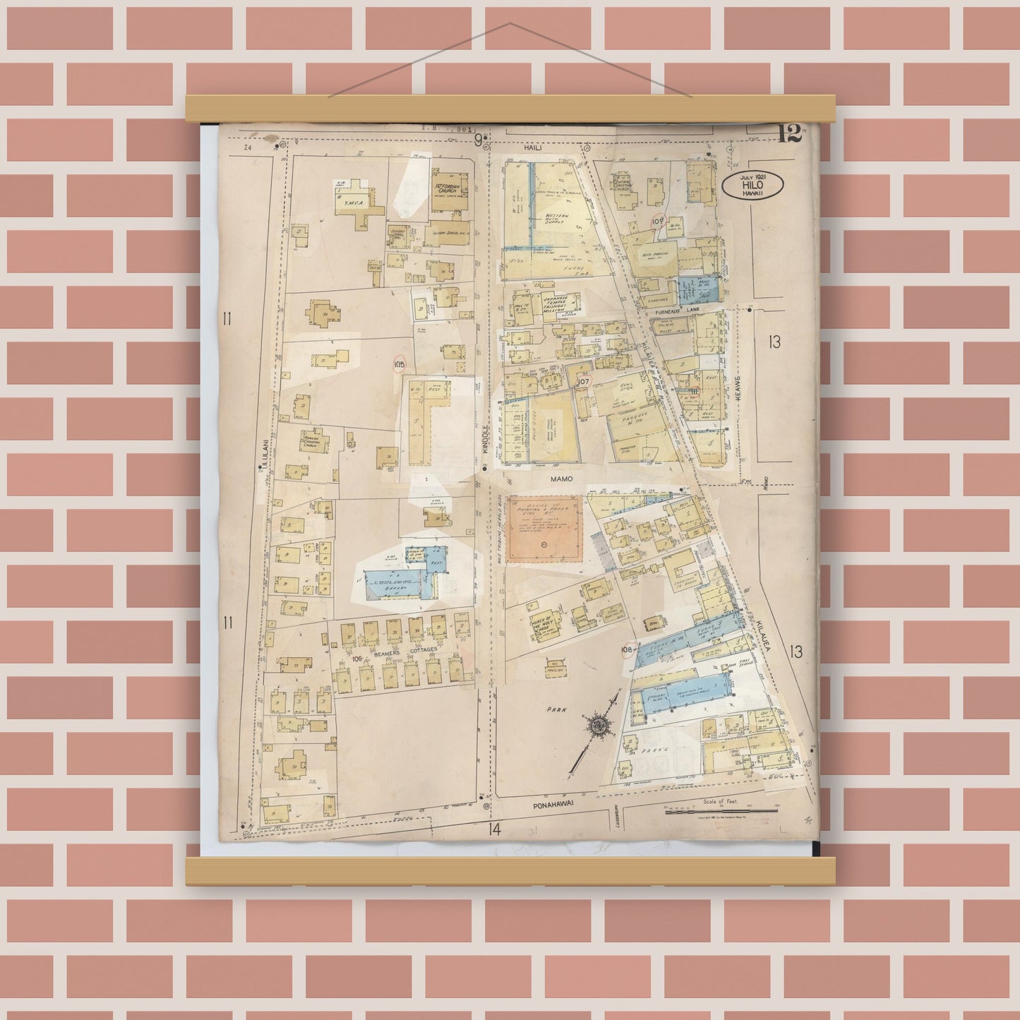 Old map wall art mockup — magnetic wood frame on brick wall — Sanborn Fire Insurance Map from Hilo, Hawaii County, Hawaii (1957), Sheet #0012