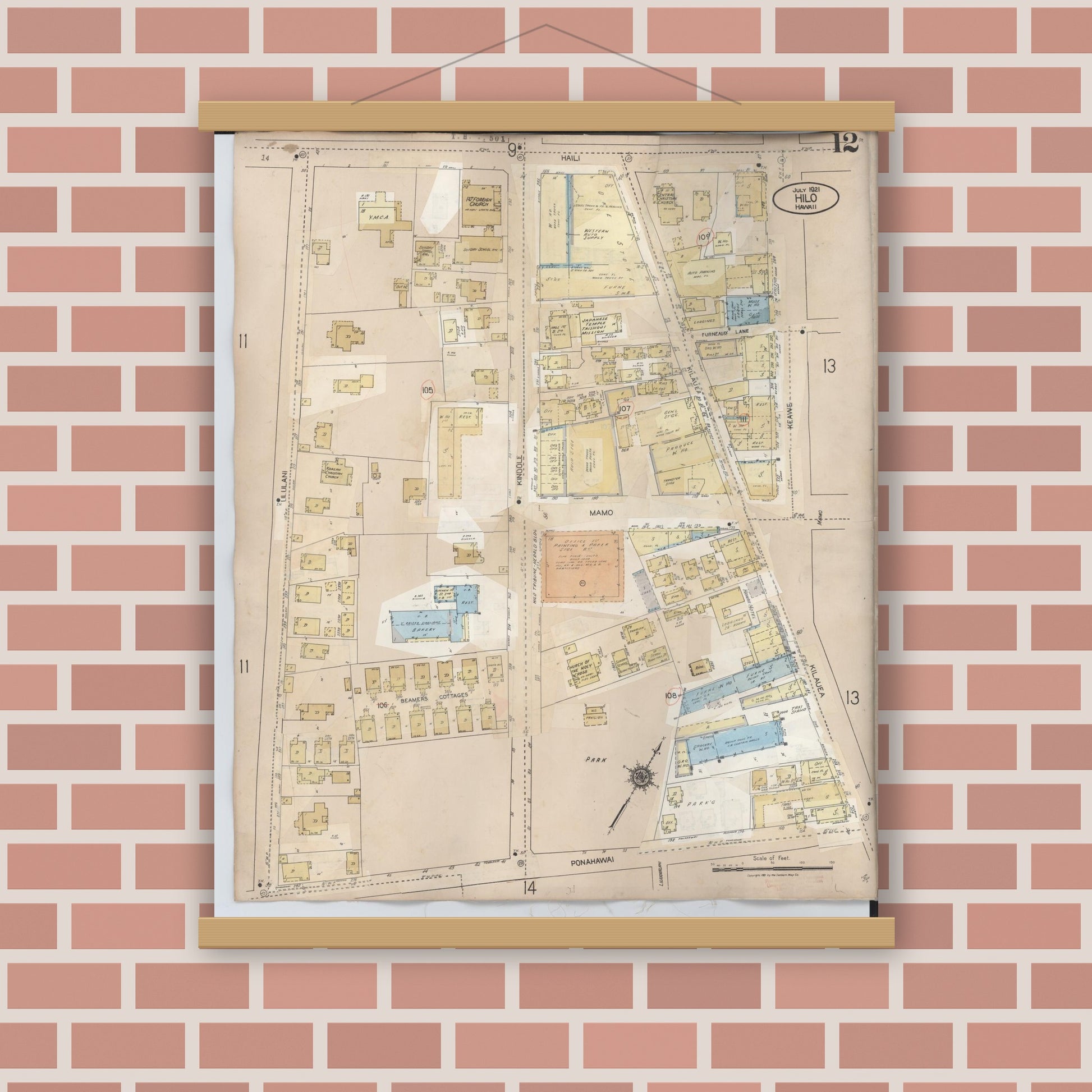Old map wall art mockup — magnetic wood frame on brick wall — Sanborn Fire Insurance Map from Hilo, Hawaii County, Hawaii (1957), Sheet #0012