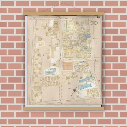 Old map wall art mockup — magnetic wood frame on brick wall — Sanborn Fire Insurance Map from Hilo, Hawaii County, Hawaii (1957), Sheet #0012