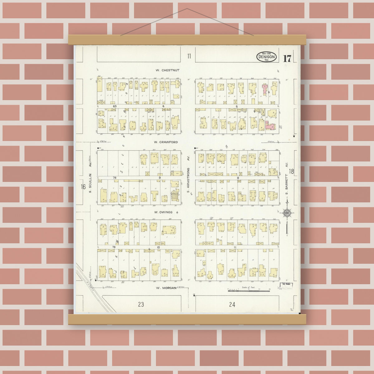 Old map wall art mockup — magnetic wood frame on brick wall — Sanborn Fire Insurance Map from Denison, Grayson County, Texas (1914), Sheet #0017
