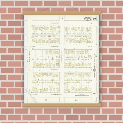Old map wall art mockup — magnetic wood frame on brick wall — Sanborn Fire Insurance Map from Denison, Grayson County, Texas (1914), Sheet #0017