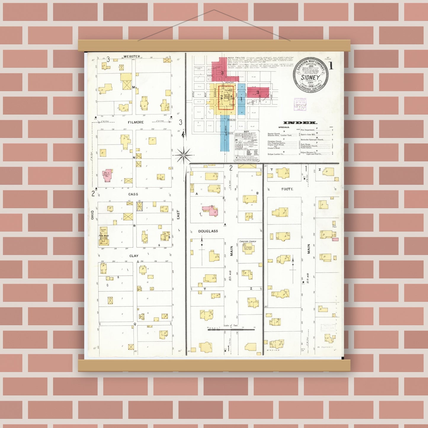 Old map wall art mockup — magnetic wood frame on brick wall — Sanborn Fire Insurance Map from Sidney, Fremont County, Iowa (1908), Sheet #0001