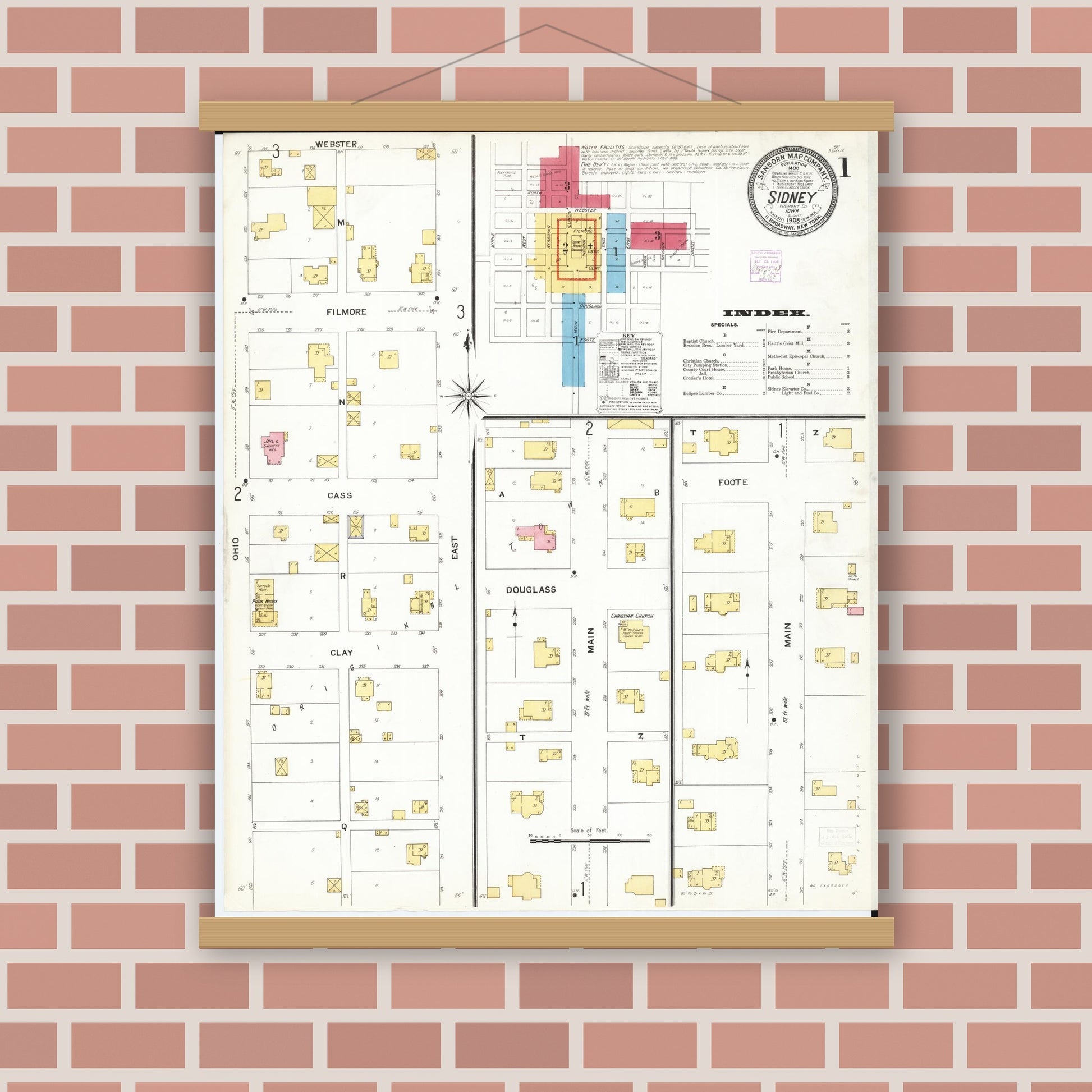 Old map wall art mockup — magnetic wood frame on brick wall — Sanborn Fire Insurance Map from Sidney, Fremont County, Iowa (1908), Sheet #0001