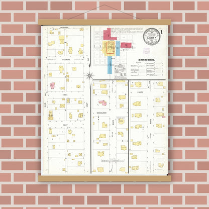 Old map wall art mockup — magnetic wood frame on brick wall — Sanborn Fire Insurance Map from Sidney, Fremont County, Iowa (1908), Sheet #0001