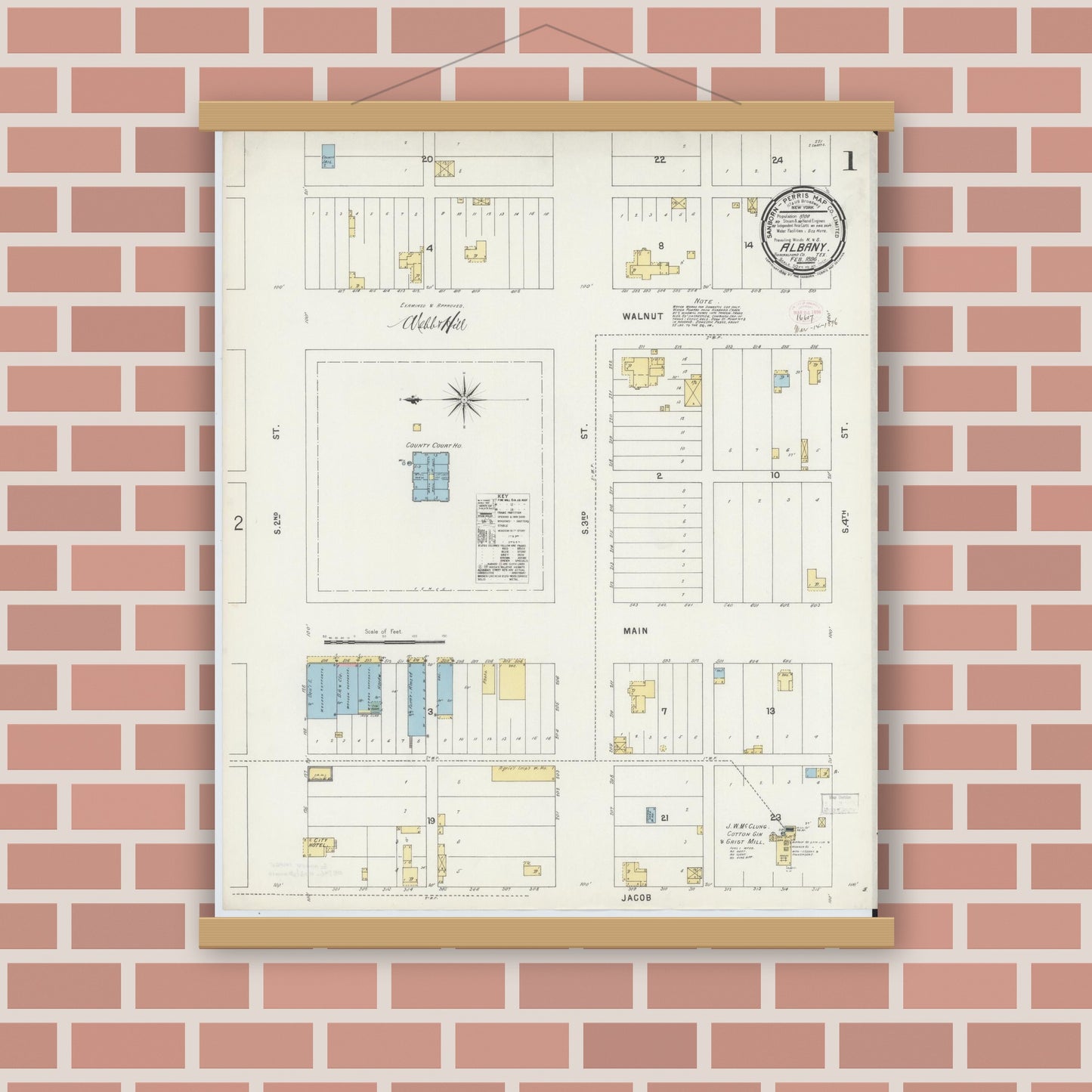 Old map wall art mockup — magnetic wood frame on brick wall — Sanborn Fire Insurance Map from Albany, Shackelford County, Texas (1896), Sheet #0001