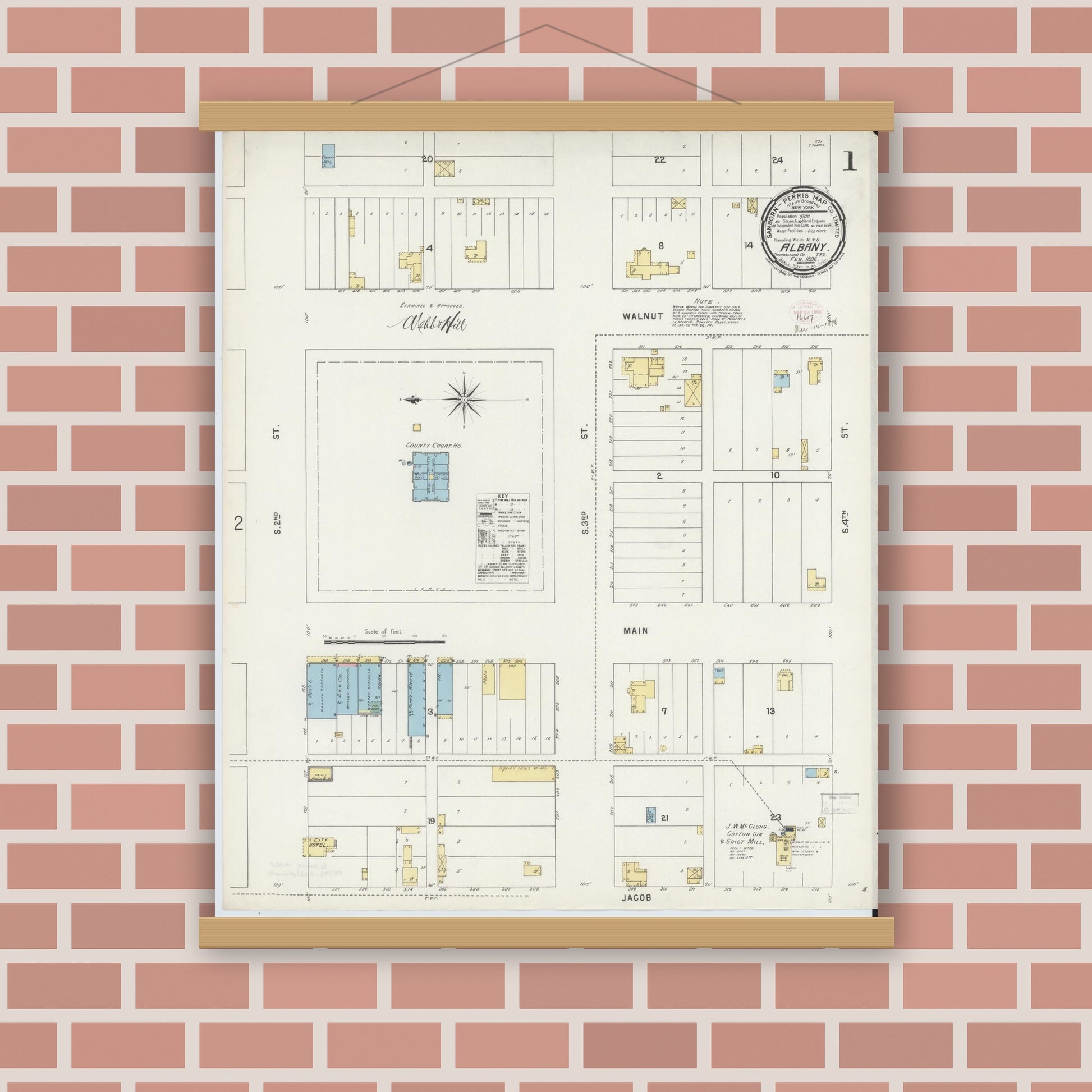 Old map wall art mockup — magnetic wood frame on brick wall — Sanborn Fire Insurance Map from Albany, Shackelford County, Texas (1896), Sheet #0001
