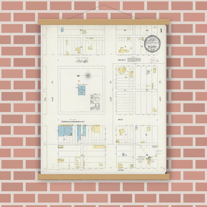 Old map wall art mockup — magnetic wood frame on brick wall — Sanborn Fire Insurance Map from Albany, Shackelford County, Texas (1896), Sheet #0001