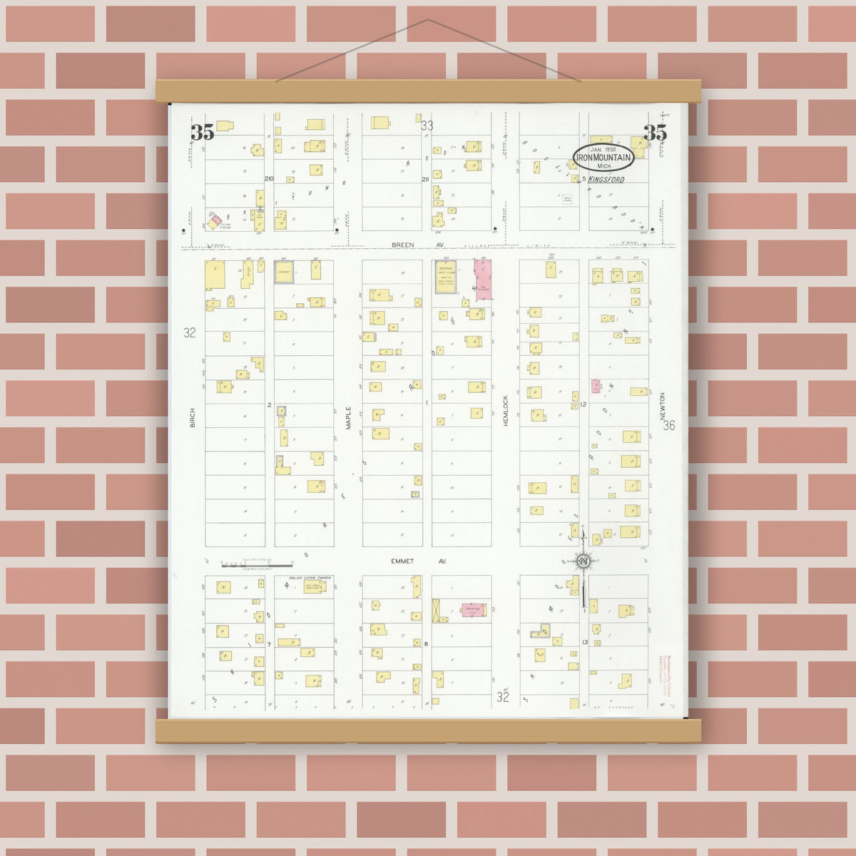 Old map wall art mockup — magnetic wood frame on brick wall — Sanborn Fire Insurance Map from Iron Mountain, Dickinson County, Michigan (1930), Sheet #0035
