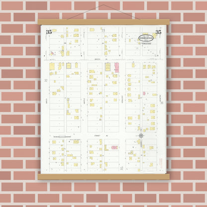 Old map wall art mockup — magnetic wood frame on brick wall — Sanborn Fire Insurance Map from Iron Mountain, Dickinson County, Michigan (1930), Sheet #0035