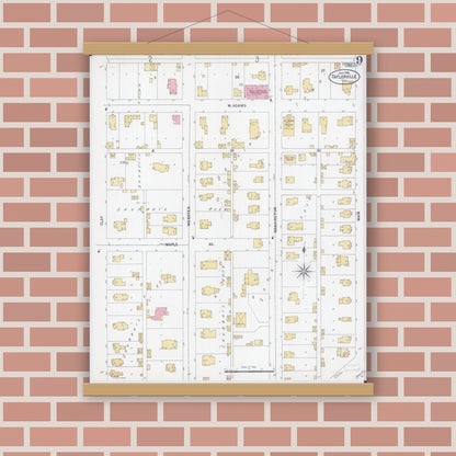 Old map wall art mockup — magnetic wood frame on brick wall — Sanborn Fire Insurance Map from Taylorville, Christian County, Illinois (1899), Sheet #0009