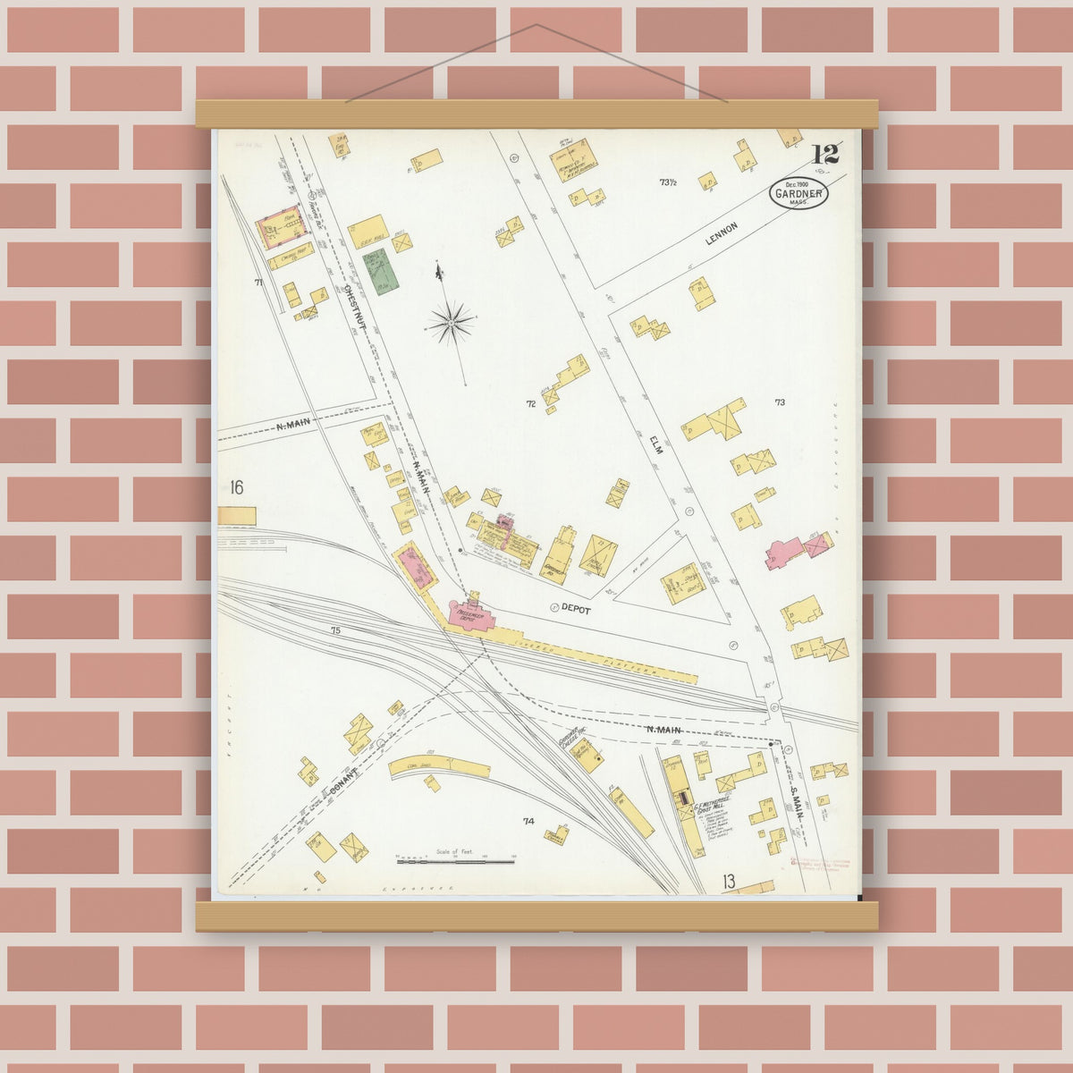 Old map wall art mockup — magnetic wood frame on brick wall — Sanborn Fire Insurance Map from Gardner, Worcester County, Massachusetts (1900), Sheet #0012