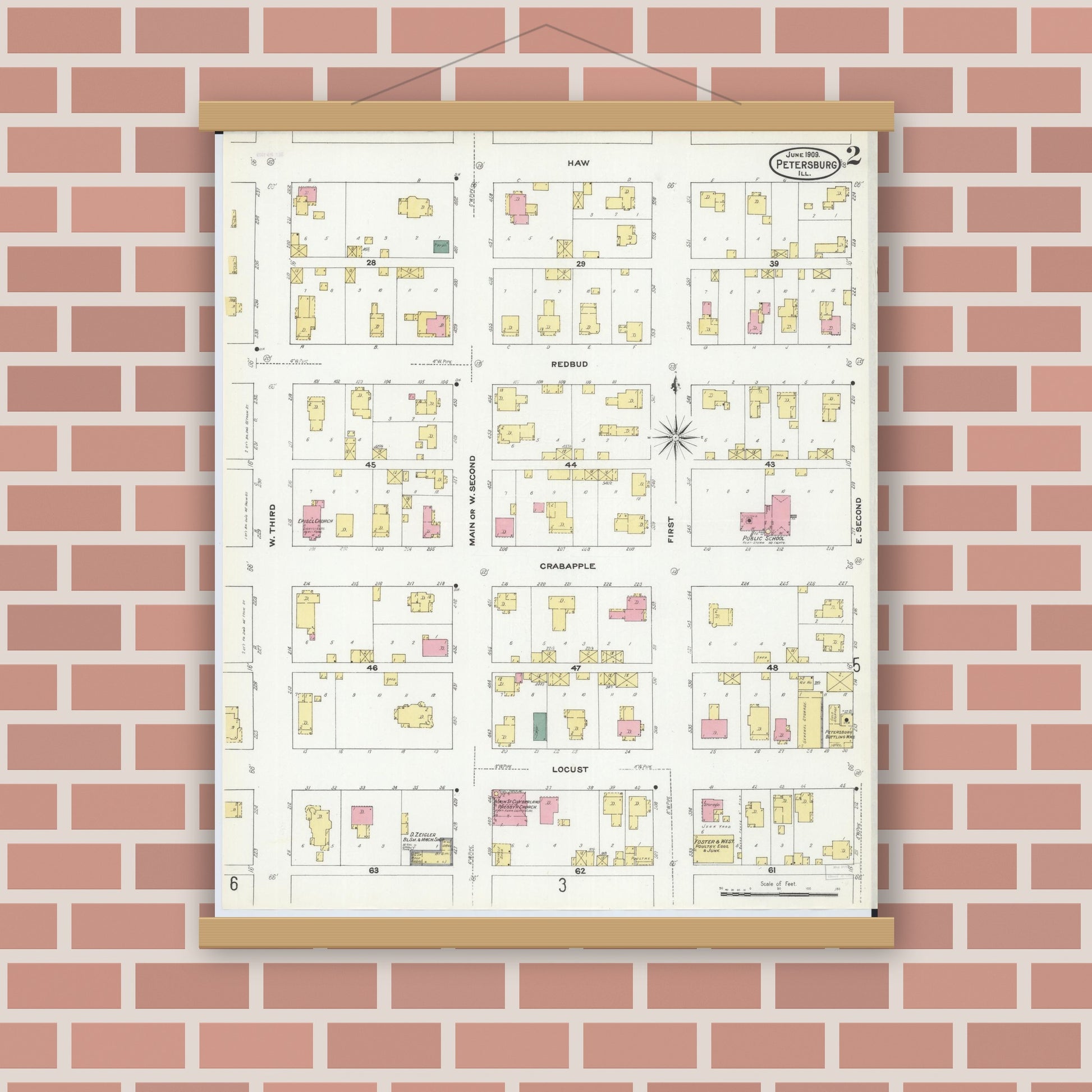 Old map wall art mockup — magnetic wood frame on brick wall — Sanborn Fire Insurance Map from Petersburg, Menard County, Illinois (1909), Sheet #0002