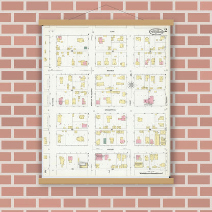 Old map wall art mockup — magnetic wood frame on brick wall — Sanborn Fire Insurance Map from Petersburg, Menard County, Illinois (1909), Sheet #0002