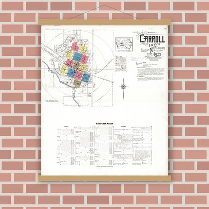 Old map wall art mockup — magnetic wood frame on brick wall — Sanborn Fire Insurance Map from Carroll, Carroll County, Iowa (1923) â€” Complete Set