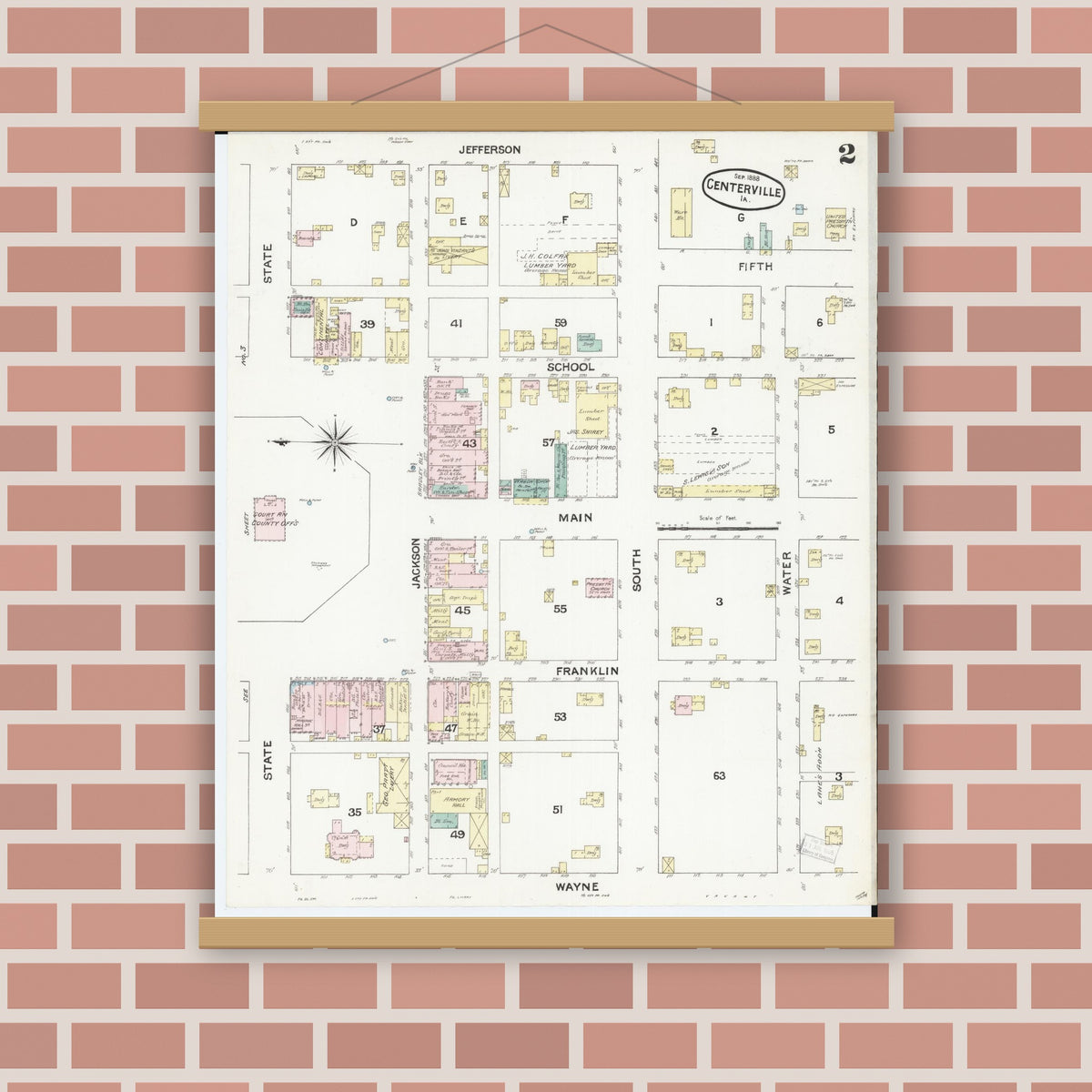 Old map wall art mockup — magnetic wood frame on brick wall — Sanborn Fire Insurance Map from Centerville, Appanoose County, Iowa (1888), Sheet #0002