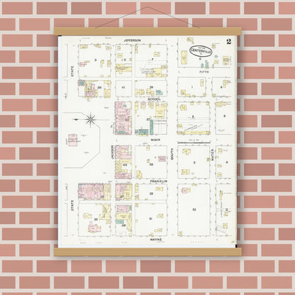 Old map wall art mockup — magnetic wood frame on brick wall — Sanborn Fire Insurance Map from Centerville, Appanoose County, Iowa (1888), Sheet #0002