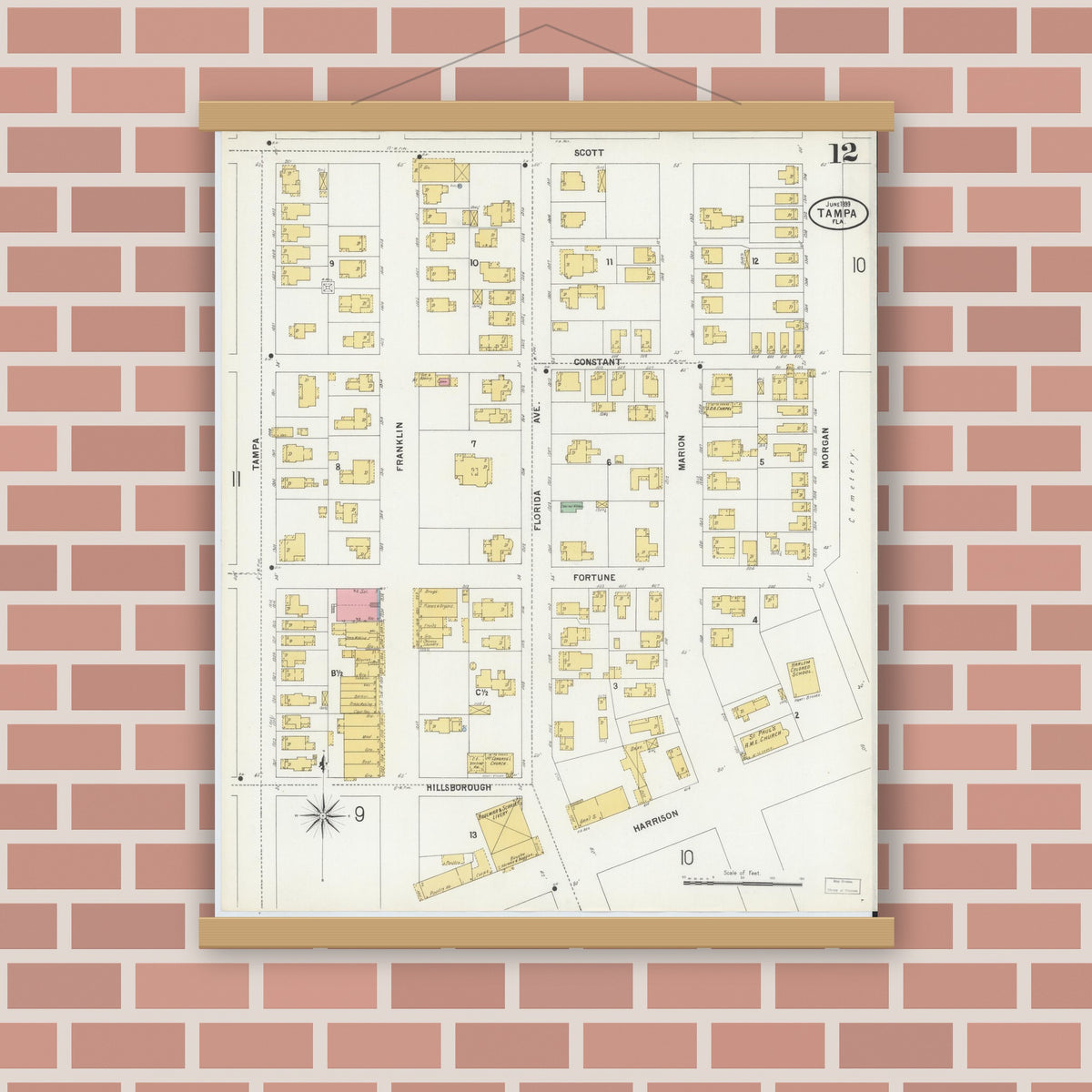 Old map wall art mockup — magnetic wood frame on brick wall — Sanborn Fire Insurance Map from Tampa, Hillsborough County, Florida (1899), Sheet #0012