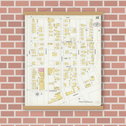 Old map wall art mockup — magnetic wood frame on brick wall — Sanborn Fire Insurance Map from Tampa, Hillsborough County, Florida (1899), Sheet #0012