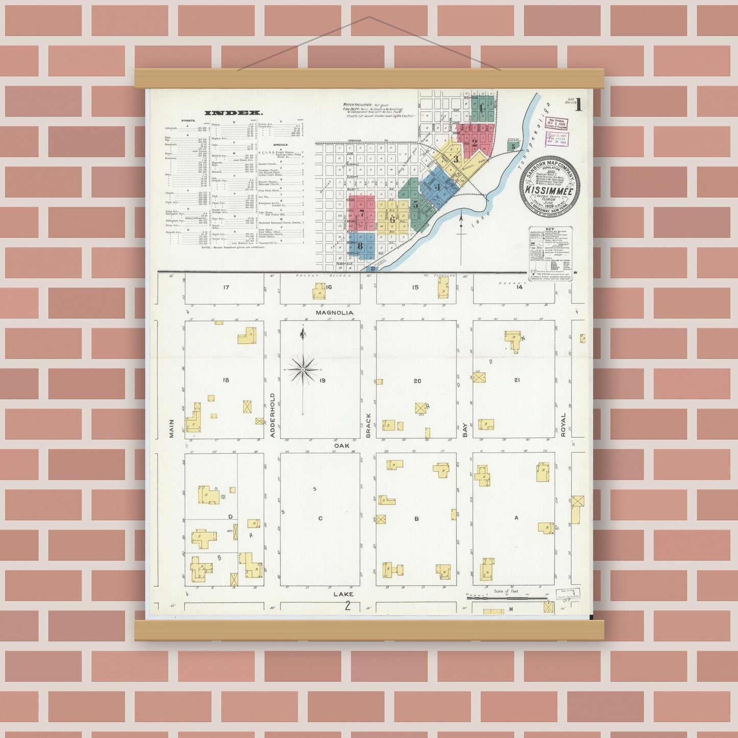 Old map wall art mockup — magnetic wood frame on brick wall — Sanborn Fire Insurance Map from Kissimmee, Osceola County, Florida (1909), Sheet #0001