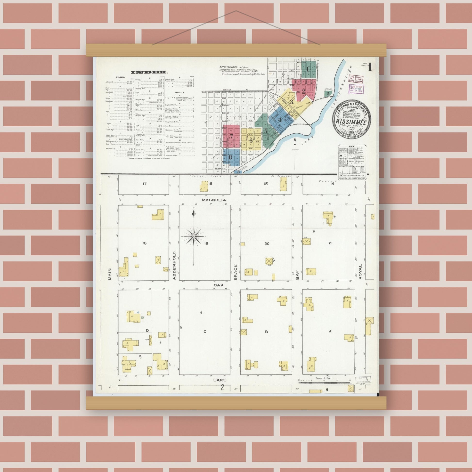 Old map wall art mockup — magnetic wood frame on brick wall — Sanborn Fire Insurance Map from Kissimmee, Osceola County, Florida (1909), Sheet #0001