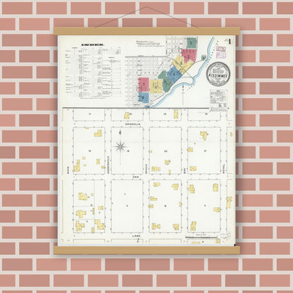 Old map wall art mockup — magnetic wood frame on brick wall — Sanborn Fire Insurance Map from Kissimmee, Osceola County, Florida (1909), Sheet #0001