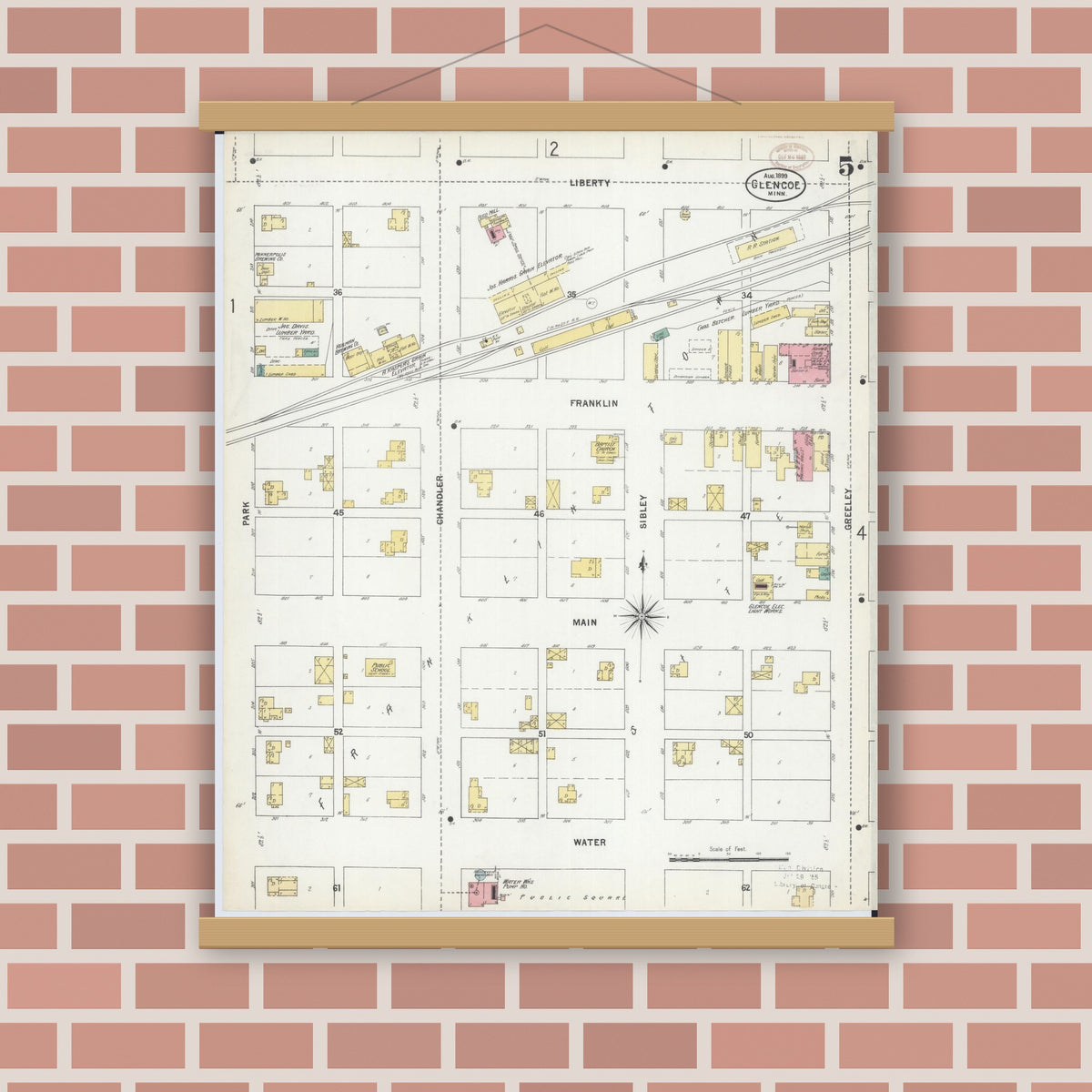 Old map wall art mockup — magnetic wood frame on brick wall — Sanborn Fire Insurance Map from Glencoe, Mcleod County, Minnesota (1899), Sheet #0005