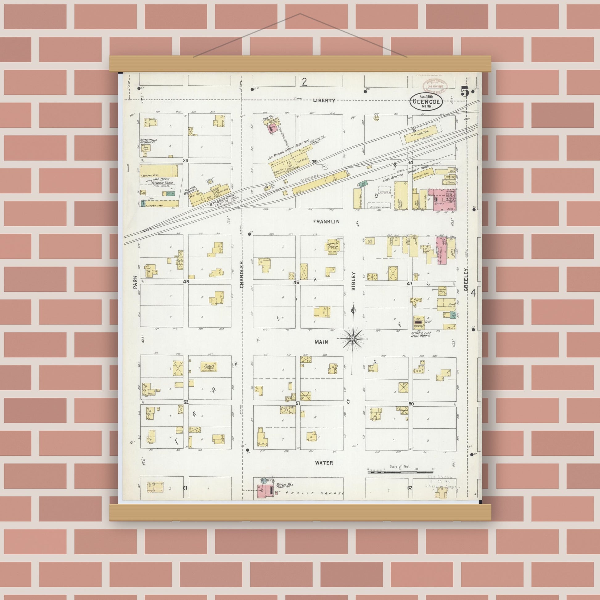 Old map wall art mockup — magnetic wood frame on brick wall — Sanborn Fire Insurance Map from Glencoe, Mcleod County, Minnesota (1899), Sheet #0005