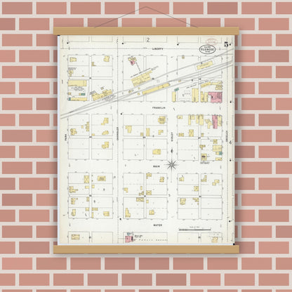 Old map wall art mockup — magnetic wood frame on brick wall — Sanborn Fire Insurance Map from Glencoe, Mcleod County, Minnesota (1899), Sheet #0005