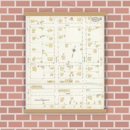 Old map wall art mockup — magnetic wood frame on brick wall — Sanborn Fire Insurance Map from Gonzales, Gonzales County, Texas (1912), Sheet #0002