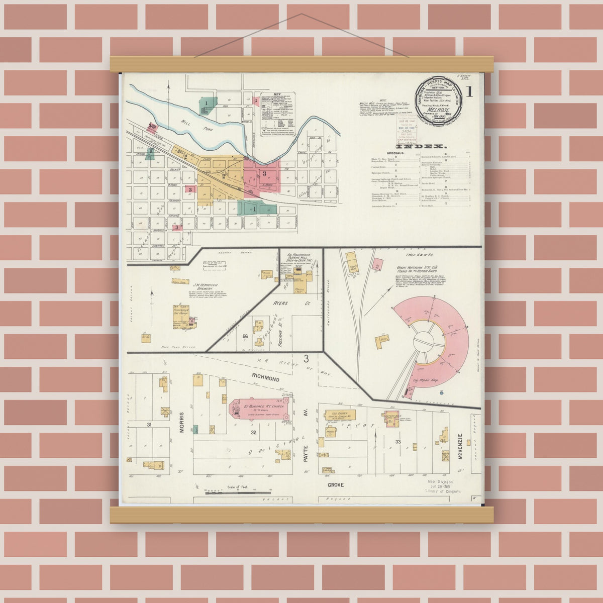 Old map wall art mockup — magnetic wood frame on brick wall — Sanborn Fire Insurance Map from Melrose, Stearns County, Minnesota (1900), Sheet #0001