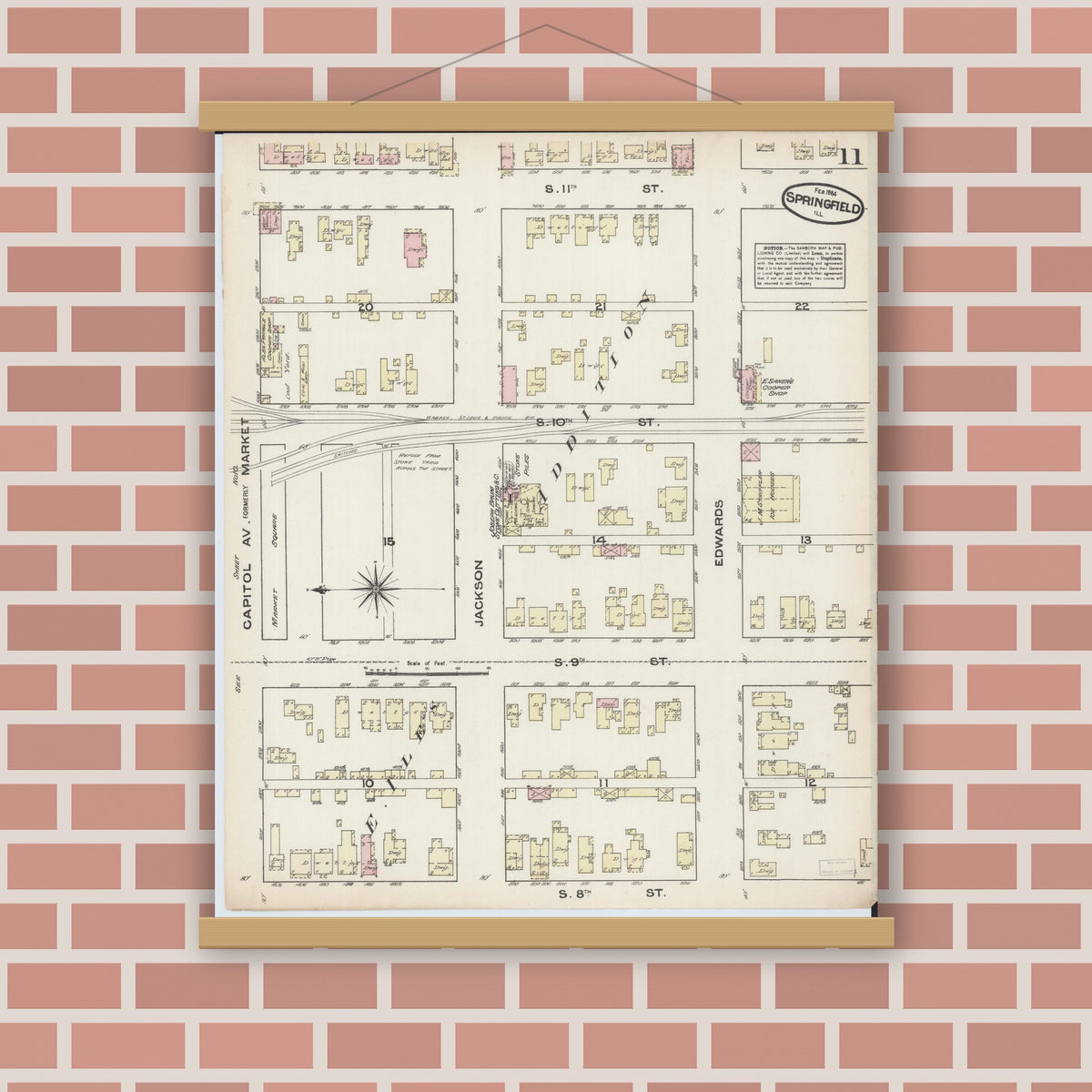 Old map wall art mockup — magnetic wood frame on brick wall — Sanborn Fire Insurance Map from Springfield, Sangamon County, Illinois (1884), Sheet #0011