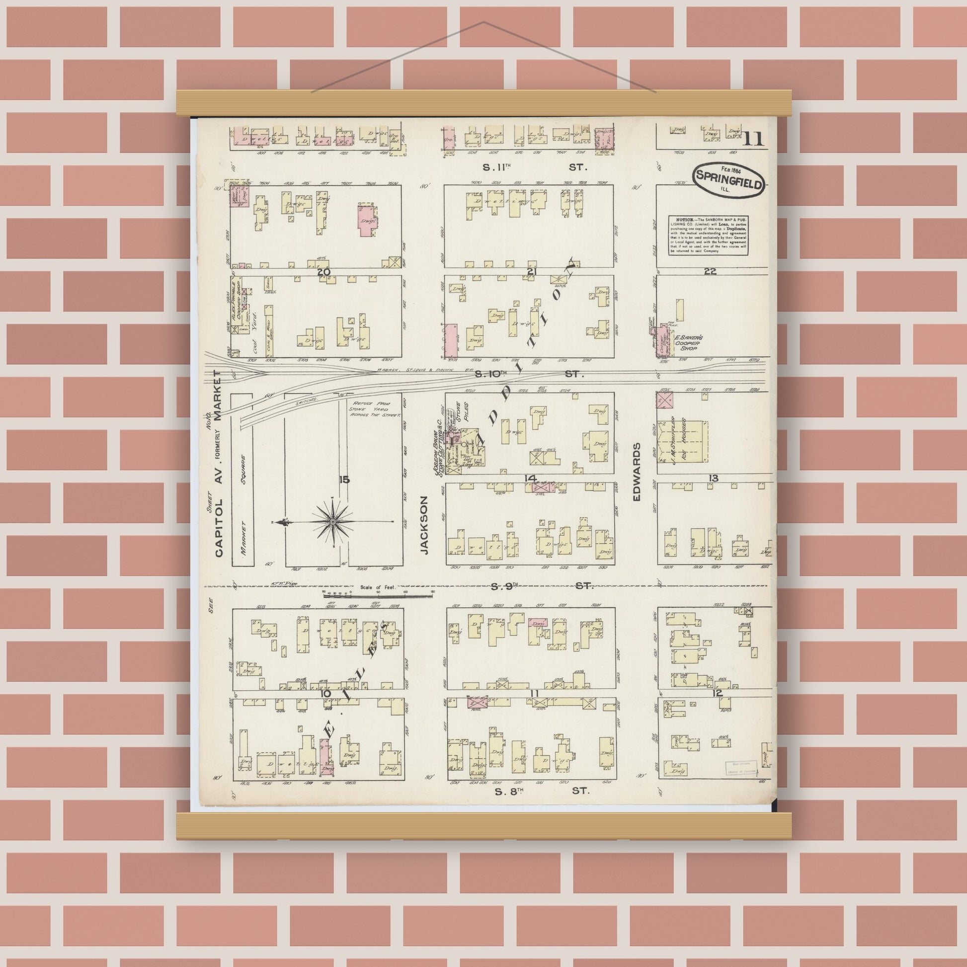 Old map wall art mockup — magnetic wood frame on brick wall — Sanborn Fire Insurance Map from Springfield, Sangamon County, Illinois (1884), Sheet #0011
