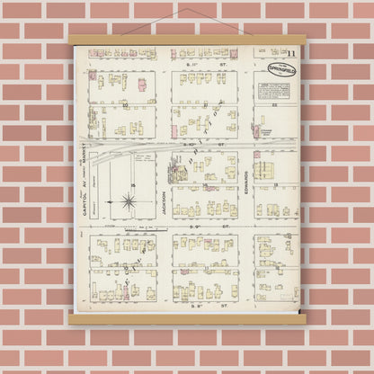 Old map wall art mockup — magnetic wood frame on brick wall — Sanborn Fire Insurance Map from Springfield, Sangamon County, Illinois (1884), Sheet #0011