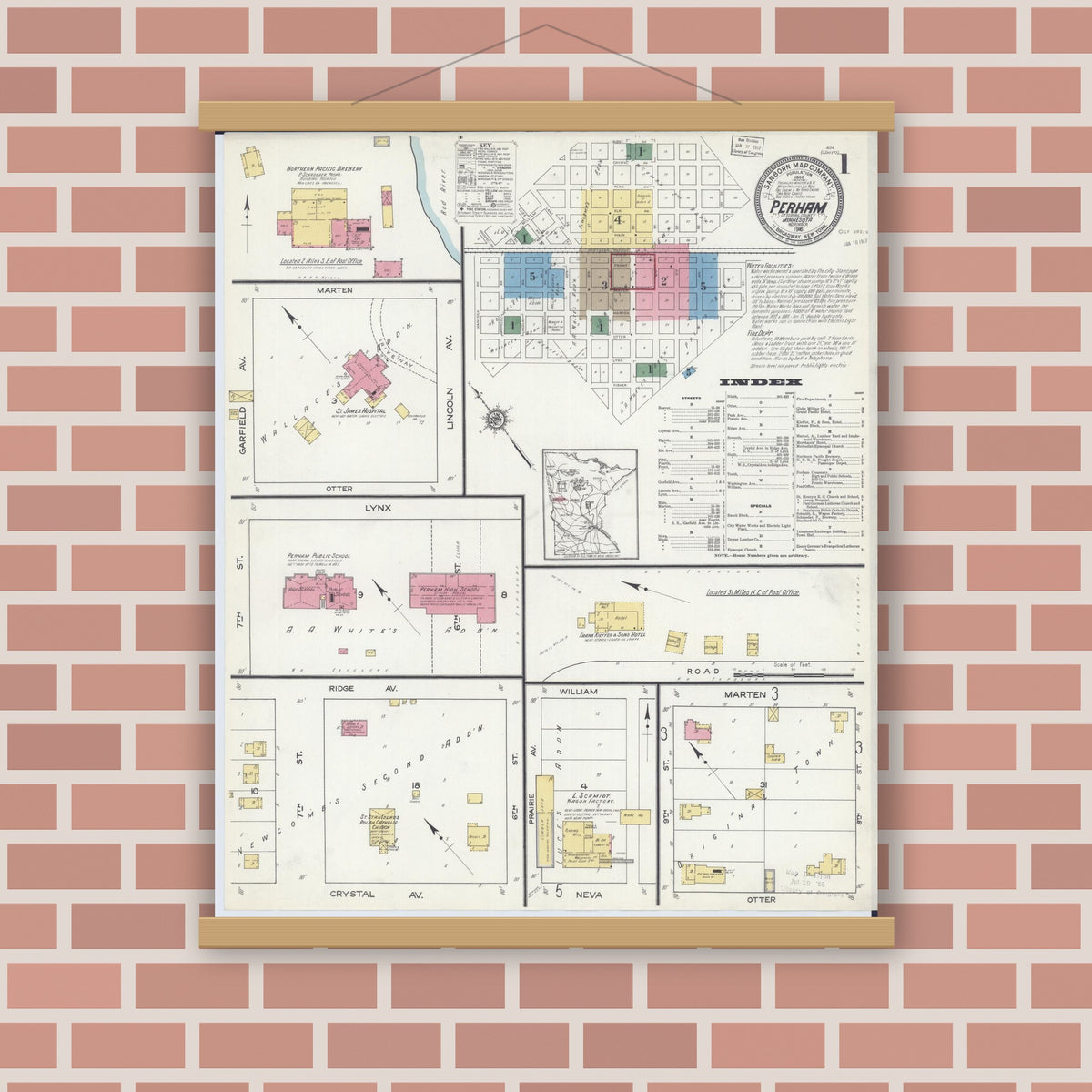 Old map wall art mockup — magnetic wood frame on brick wall — Sanborn Fire Insurance Map from Perham, Otter Tail County, Minnesota (1916) - Complete Map Set