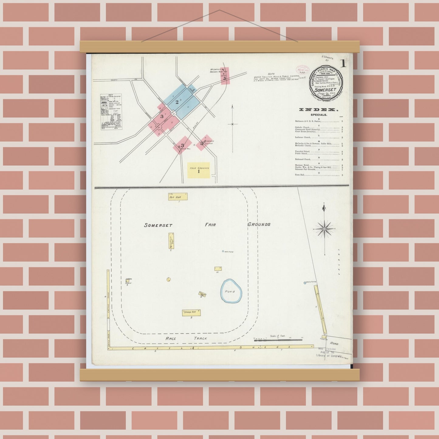 Old map wall art mockup — magnetic wood frame on brick wall — Sanborn Fire Insurance Map from Somerset, Perry County, Ohio (1895) - Complete Map Set